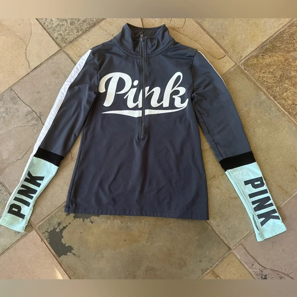 Victoria’s Secret PINK Gray 1/2 Zip Pullover Athletic Top Colorblock Size XS - Picture 2 of 6